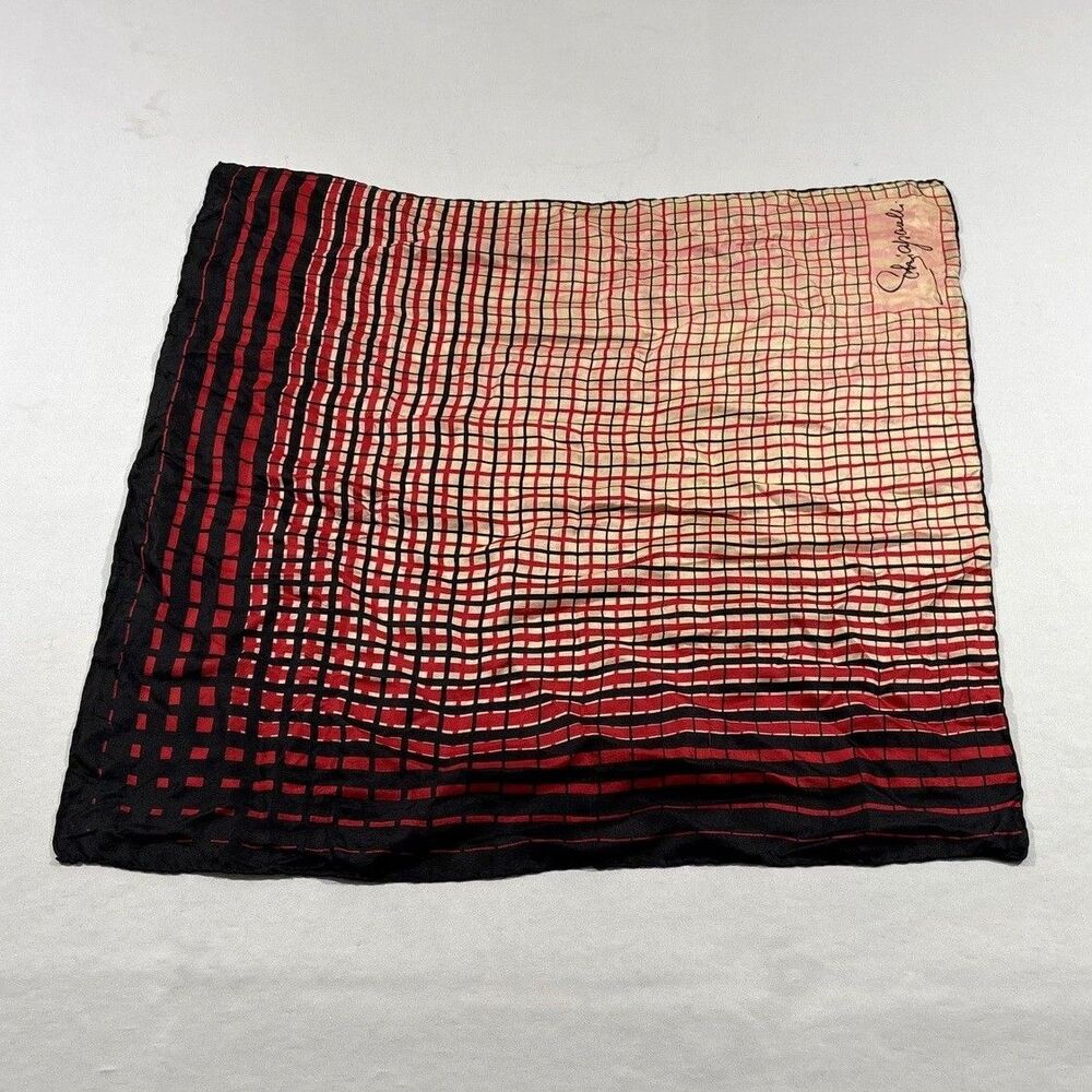 Schiaparelli Silk Geometric Grid Pattern Vtg Square Scarf Red Black White 21"